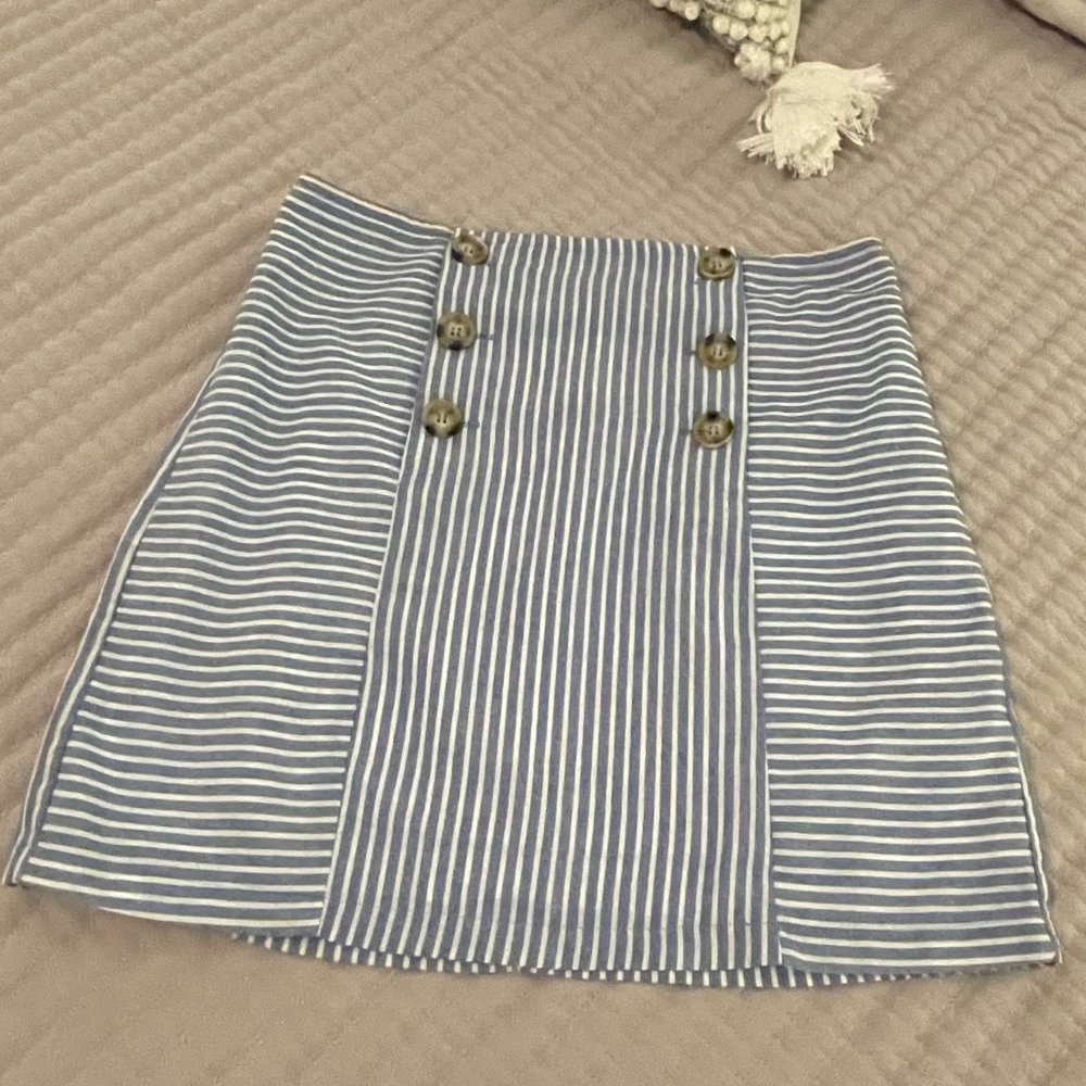 Altar'd State Women's Blue White Striped Button Up Lined Mini Skirt Size Small